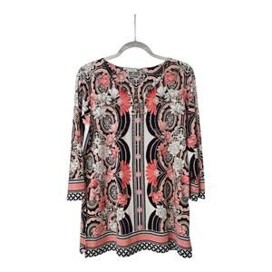 JM Collection Womens M Blouse Studded Grommet/Chain Floral Stretch 3/4 Sleeves